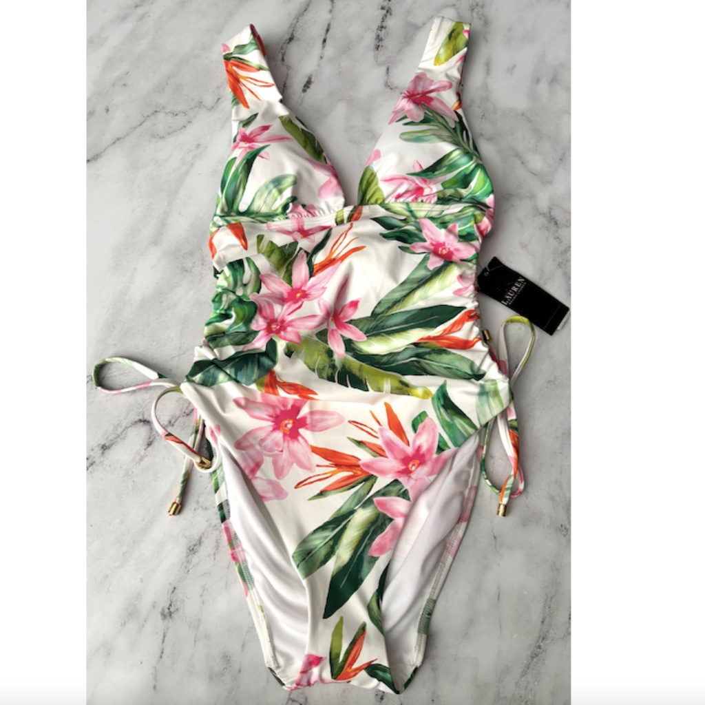 Lauren Ralph Lauren Nwt White Floral Side Tie Plunge One Piece Swimsuit Swim